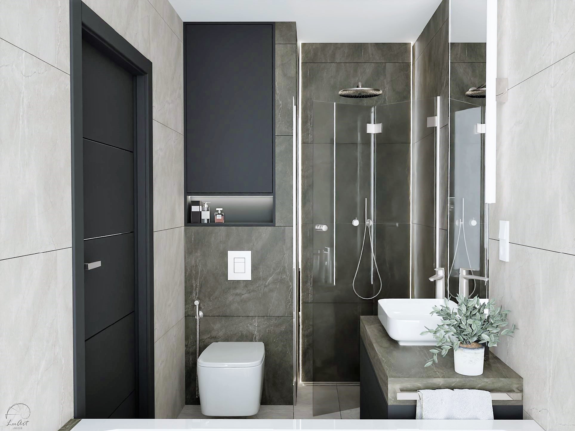 Zdjęcie 1 - Aranżacja łazienki w szarościach z wanną i prysznicem - inspiracja