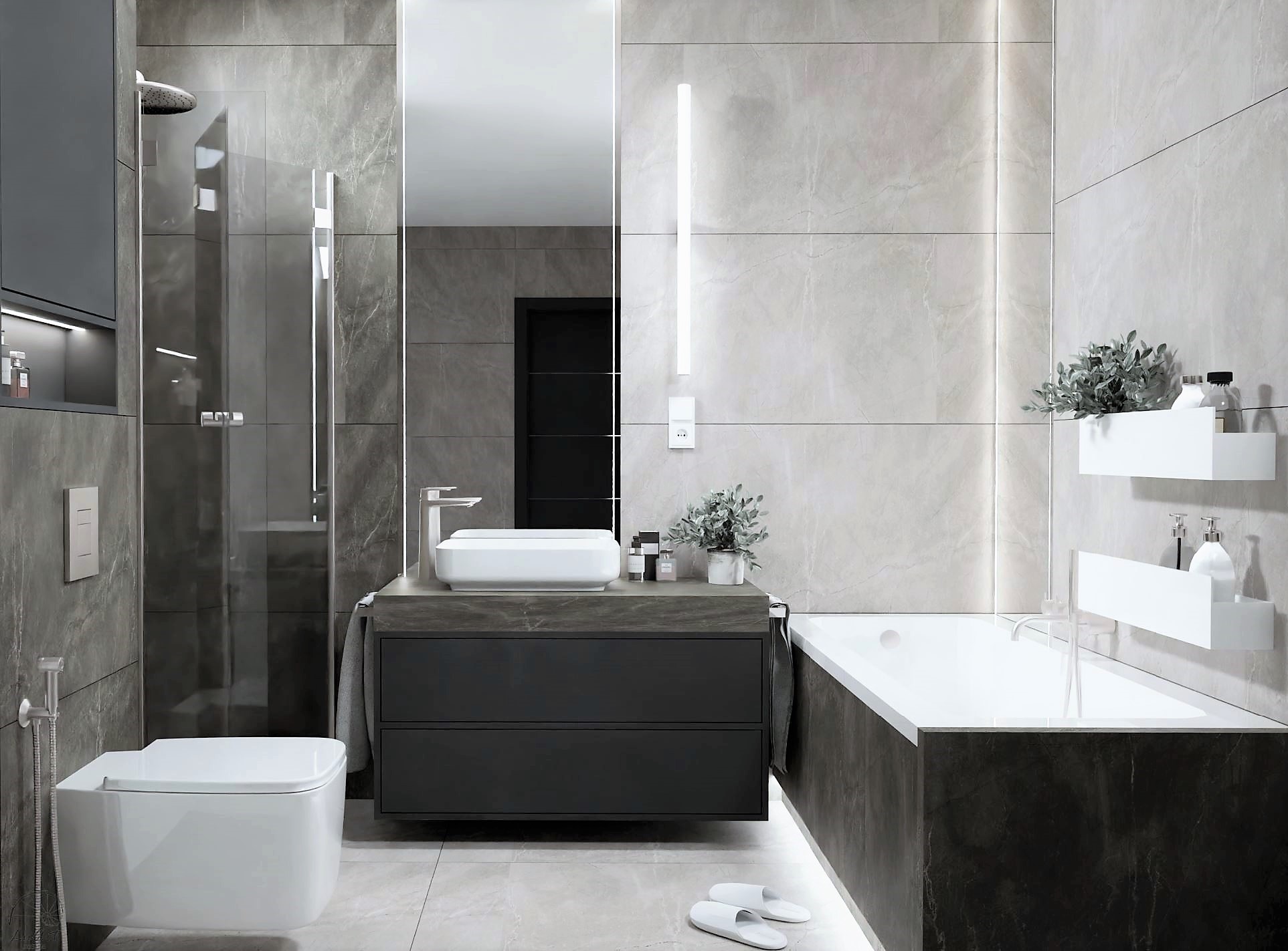 Zdjęcie 3 - Aranżacja łazienki w szarościach z wanną i prysznicem - inspiracja