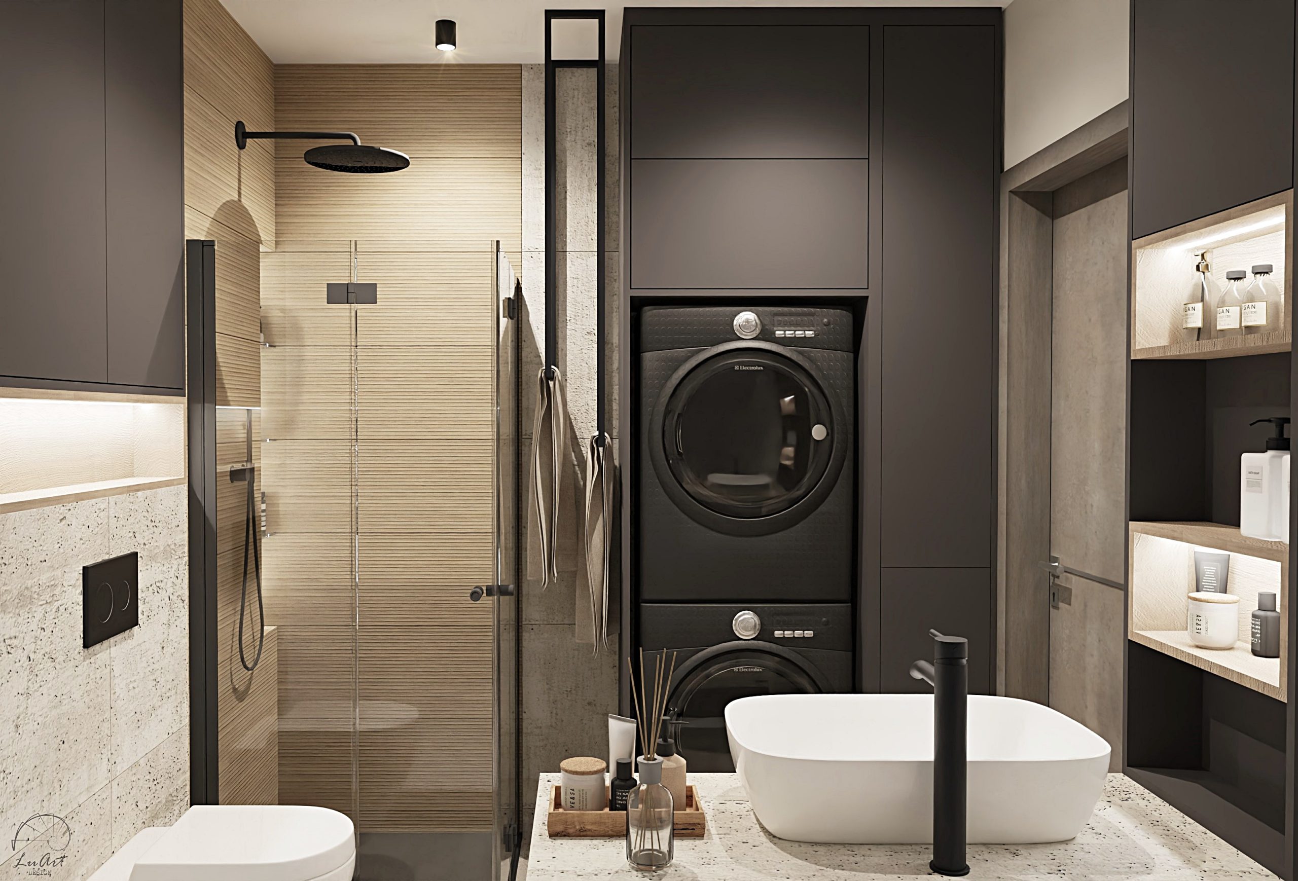 Zdjęcie 3 - Dwa nastroje - Aranżacja małej łazienki z prysznicem, pralką i suszarką
